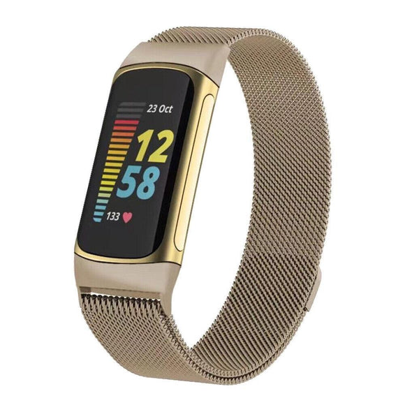 for Fitbit Charge 6 Replacement Strap Milanese Wrist Band Stainless Steel Magnetic [Small, Champagne Gold]