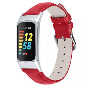 for Fitbit Charge 6 & Charge 5 Band Genuine Luxury Leather Replacement Wristband (Red)