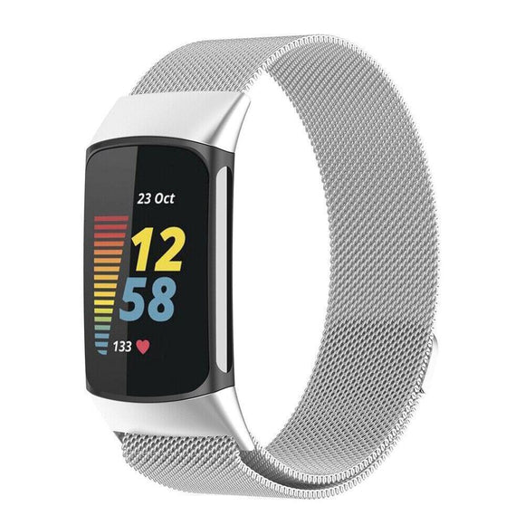 for Fitbit Charge 6 Replacement Strap Milanese Wrist Band Stainless Steel Magnetic [Large, Silver]