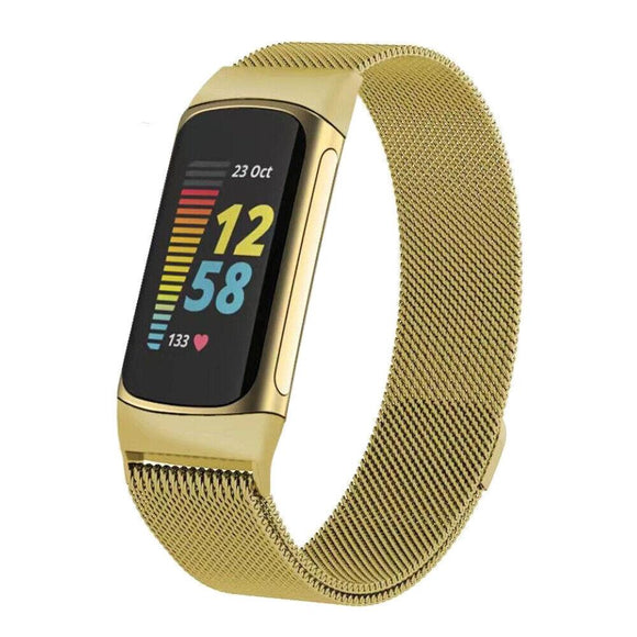 for Fitbit Charge 5 Replacement Strap Milanese Wrist Band Stainless Steel Magnetic [Large, Gold]