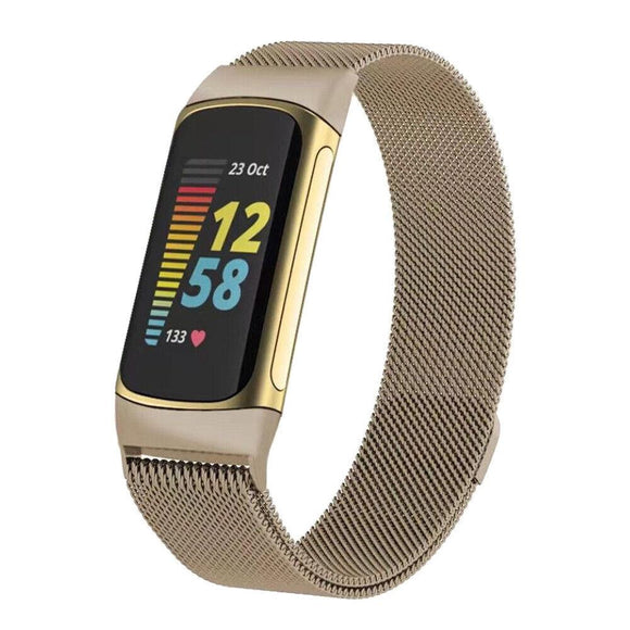 for Fitbit Charge 5 Replacement Strap Milanese Wrist Band Stainless Steel Magnetic [Small, Champagne Gold]