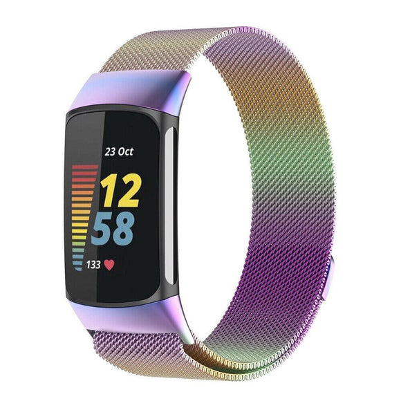 for Fitbit Charge 5 Replacement Strap Milanese Wrist Band Stainless Steel Magnetic [Large, Rainbow]