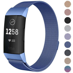 For Fitbit Charge 4 /Charge 3 Strap Milanese Wrist Band Stainless Steel Magnetic[Large (6.7"-9.3"),Blue]