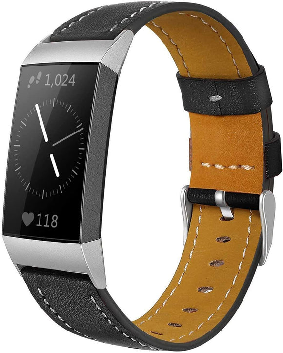 for Fitbit Charge 4 & Charge 3 Band Luxury Genuine Leather Replacement Wristband[Black]
