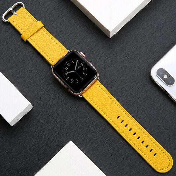 for Apple Watch iWatch Series 7 6 SE 5 4 38/40/41/42/44/45mm Leather Strap Band[Yellow,42mm/44mm/45mm]
