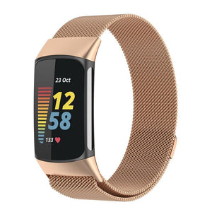 for Fitbit Charge 5 Replacement Strap Milanese Wrist Band Stainless Steel Magnetic [Large, Rose Gold]