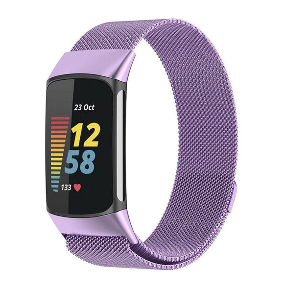 for Fitbit Charge 5 Replacement Strap Milanese Wrist Band Stainless Steel Magnetic [Large, Purple]