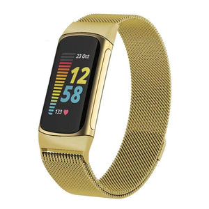 for Fitbit Charge 5 Replacement Strap Milanese Wrist Band Stainless Steel Magnetic [Small, Gold]